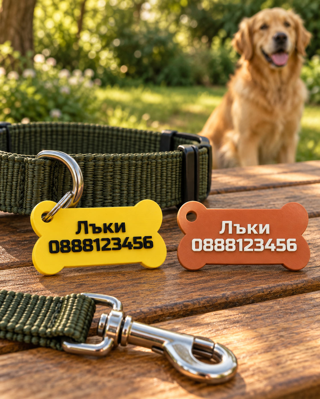Yellow 3D printed bone tag with the name Lucky