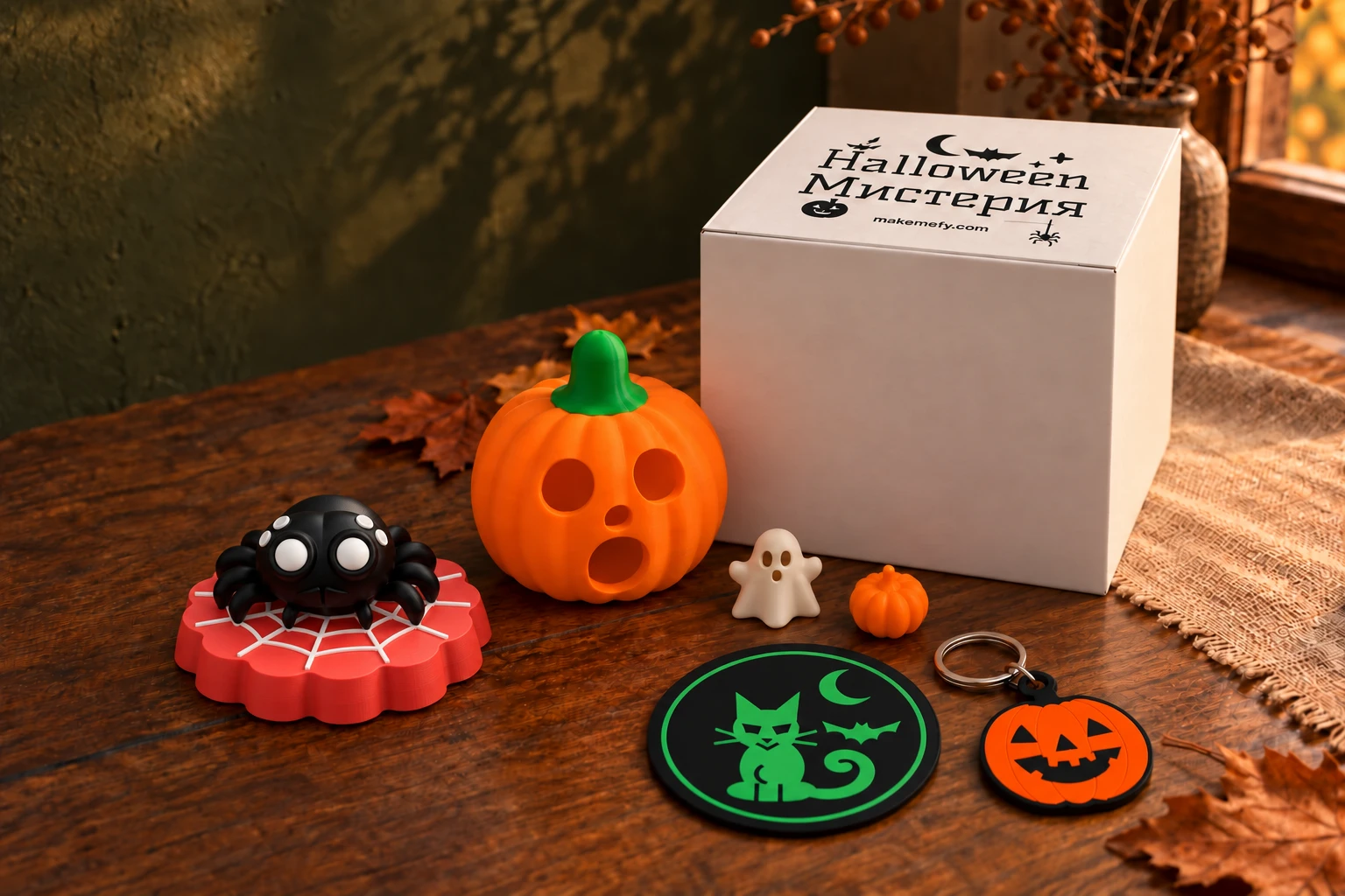 Бяла Halloween Мистерия кутия върху дървена маса с голяма тиква, подложка, ключодържател с халка, мини духче, Scarlet паяче и отделен подарък мини тиквичка