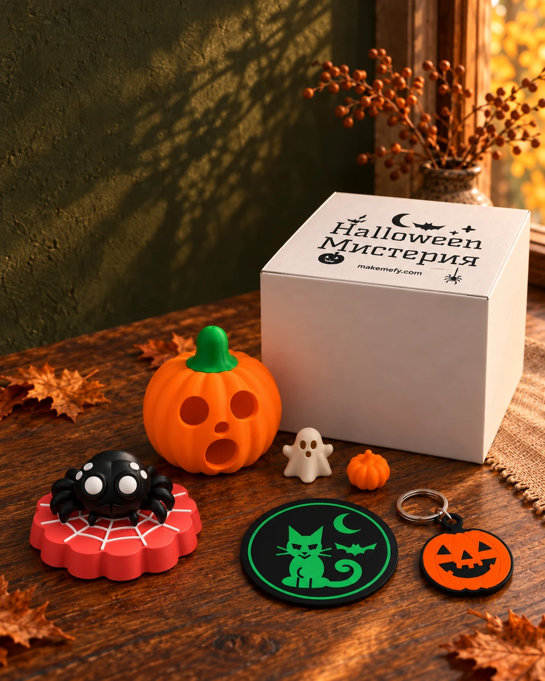 Бяла Halloween Мистерия кутия върху дървена маса с голяма тиква, подложка, ключодържател с халка, мини духче, Scarlet паяче и отделен подарък мини тиквичка
