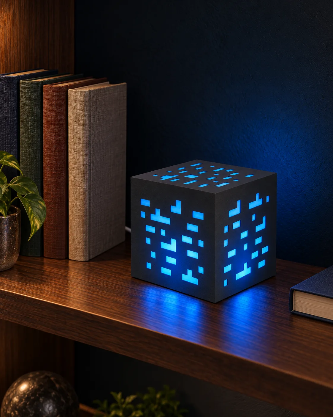 Pixel лампа със синя светлина между книги и растение