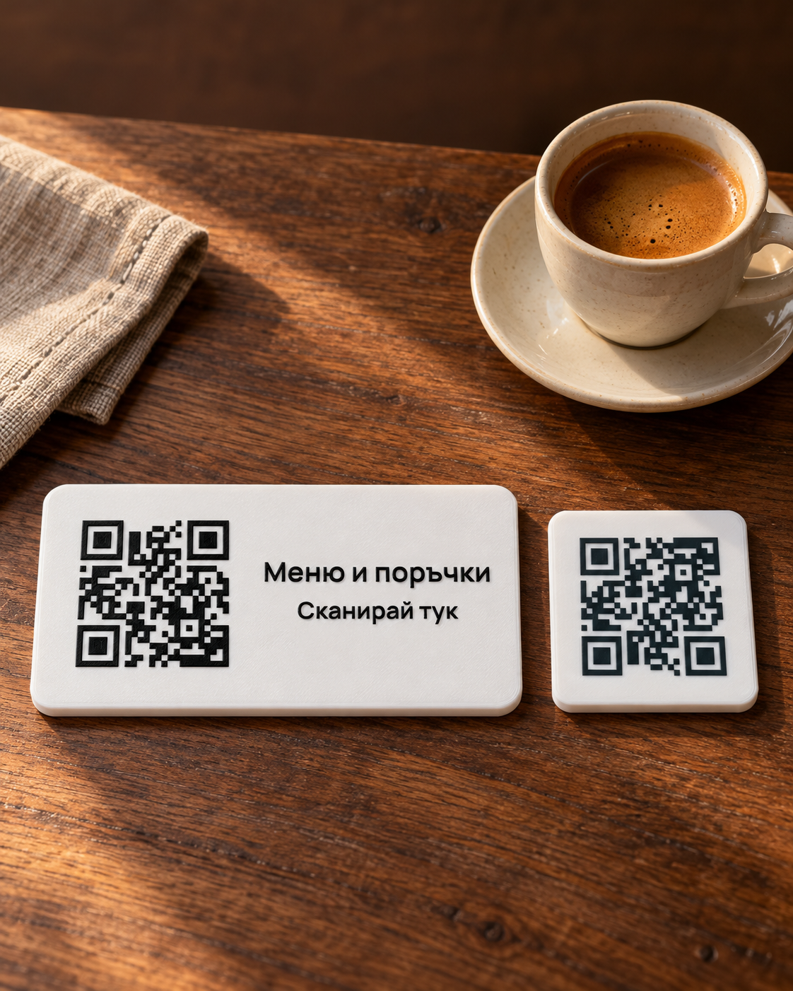 White QR and NFC business sign for menus and orders