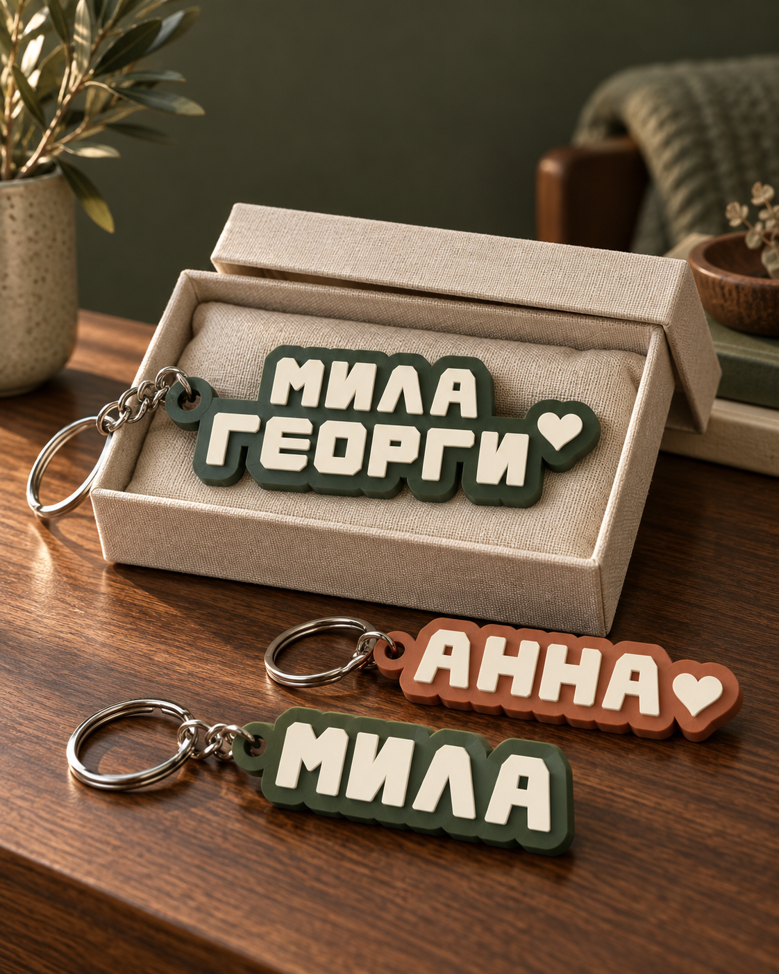 Two-colour 3D printed keychains with raised names