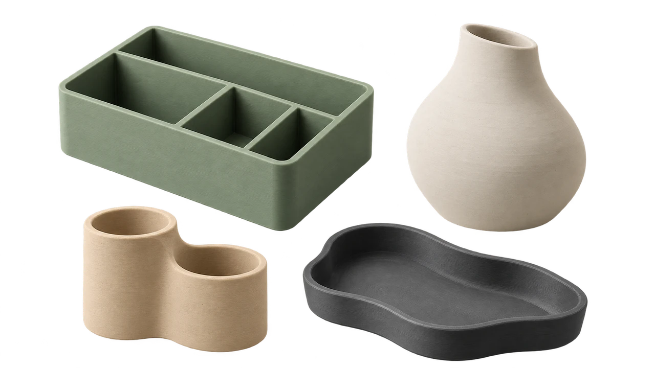 Real 3D-printed organiser, vases and organic tray
